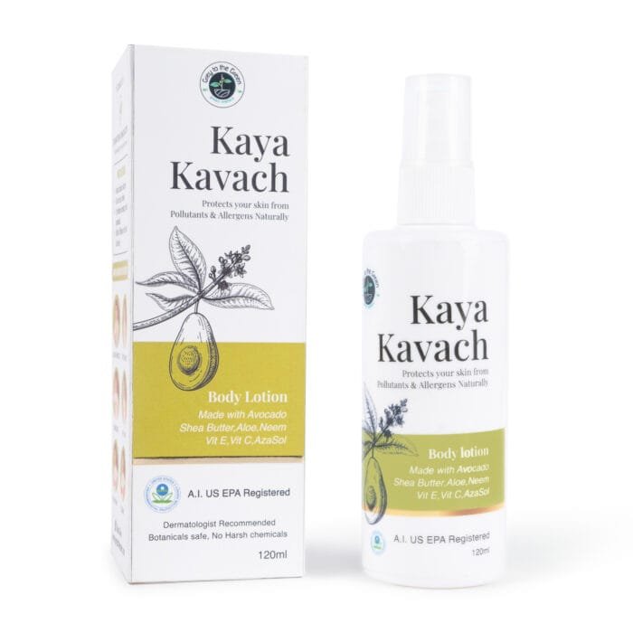 Kaya Kavach body lotion with natural ingredients like avocado, shea butter, aloe, and neem for skin protection