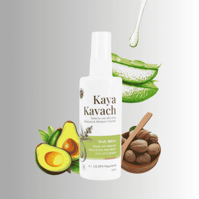 Kaya Kavach body lotion with natural ingredients like avocado, shea butter, aloe, and neem for skin protection