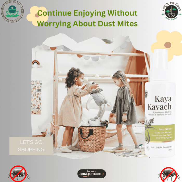 Two young girls playing in a cozy bedroom, with Kaya Kavach body lotion ensuring protection from dust mites.