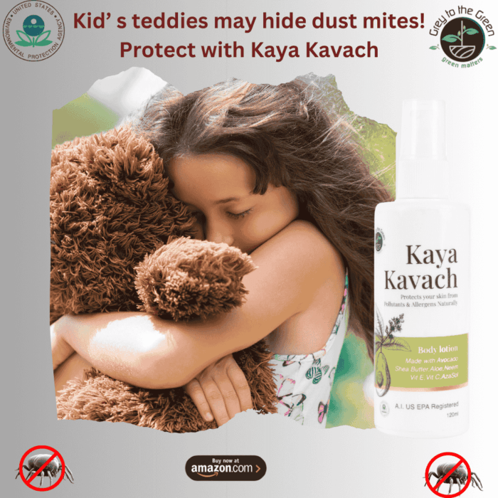 A young girl hugging a teddy bear, with Kaya Kavach body lotion offering protection from dust mites