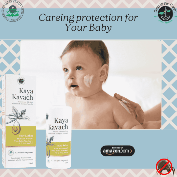 A baby with Kaya Kavach lotion applied to their cheek, highlighting gentle protection against pollutants and allergens