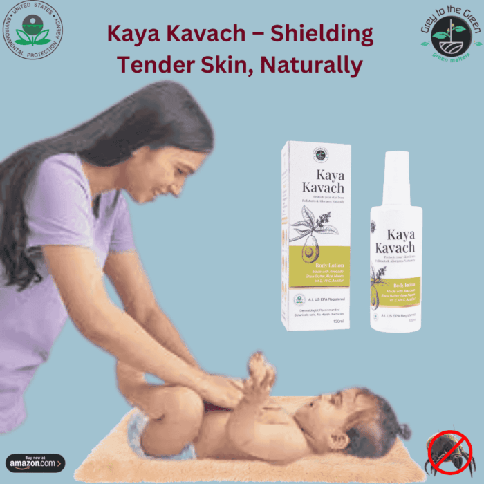 A mother gently applies Kaya Kavach lotion to her baby, ensuring natural protection for tender skin